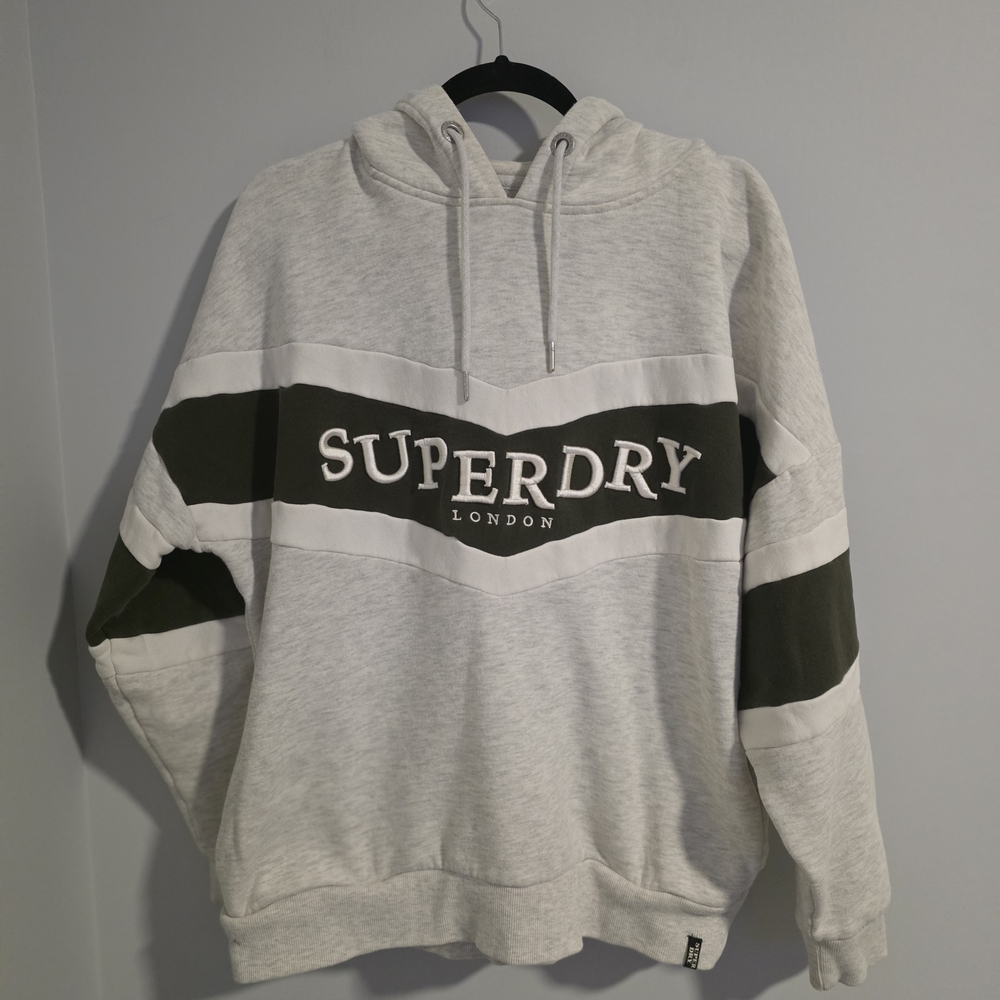 Superdry Hoodie Grey Black Logo Pullover Size UK 12 US 8 Casual Athleisure - Picture 2 of 10